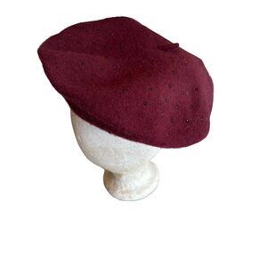 Burgundy Wool Beret Hat Black Sparkle Bead Detail One Size